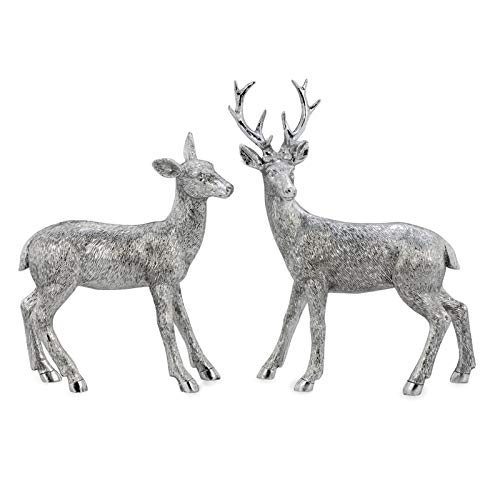 Kleine stehende Kunststein Deko Hirsch Figur Paar - silbern glänzende Jagtfigur mit Geweih - Weihnachts-Deko zum Hinstellen