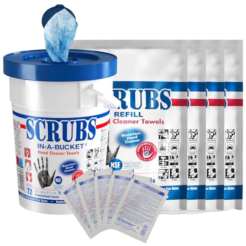 SCRUBS in-a-bucket mit 4 nachhaltigen SCRUBS Refill Nachfüllpacks mit je 72 Stück Handreinigungstücher inkl. 5 St. DEWEPRO® SingleScrubs