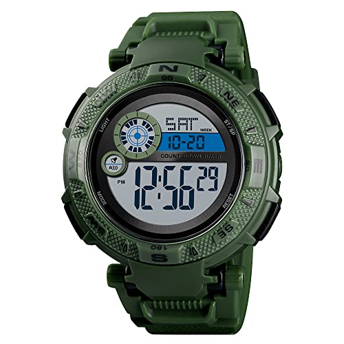 FeiWen Herren Outdoor Sport Digital 50M Wasserdicht LED Elektronik Doppelte Zeit Alarm Stoppuhr Datum Militär Taktik Uhren Plastik Lünetten mit Kautschuk Band (Grün)