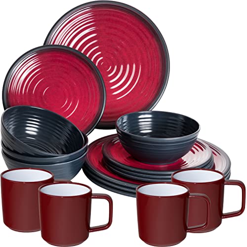 Melamin Geschirr Set für 4 Personen - 16 Teile - mit ABS Tassen Campinggeschirr - rot schwarz - Essgeschirr - Geschirrset Tafelgeschirr Camping