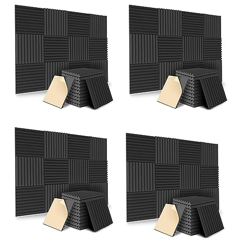 VENEKA 48 Stück Selbstklebende Akustikplatten, Schalldichte Schaumstoffplatten, Hochdichte Schallschutzwandplatten für Zuhause (Schwarz)