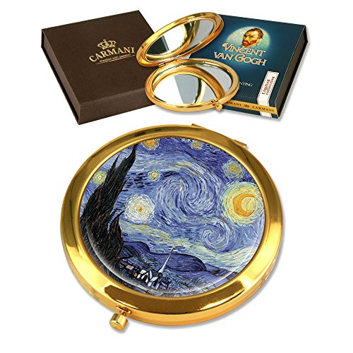 CARMANI - Gold überzogene Bronze Tasche, kompakte, Reisen, Spiegel mit Van Gogh 'Die Sternreiche Nacht' Malerei verziert