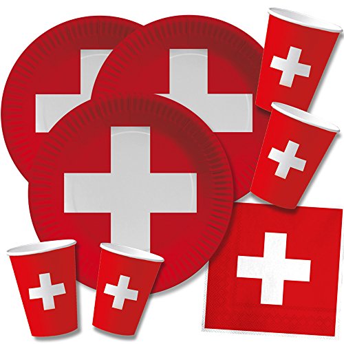 DH-Konzept 60-teiliges Party-Set Schweiz - Teller Becher Servietten für 20 Personen