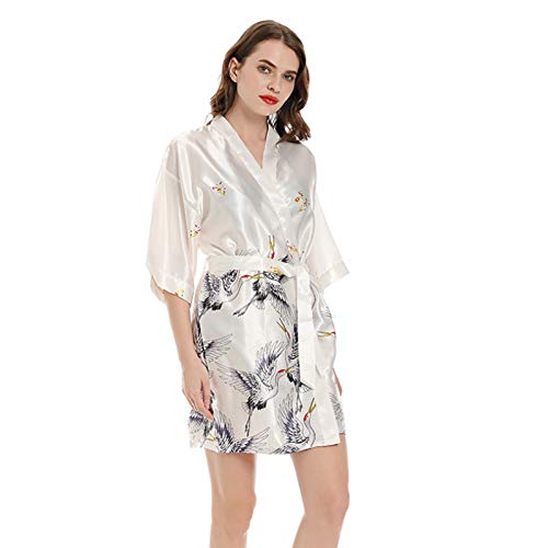Damen Kimono Roben Ankleidekleid, Damenkleid Nachthemd Kleid Imitation Silk Roben V-Ausschnitt Weiche Druck Bademantel Pyjamas 002-M