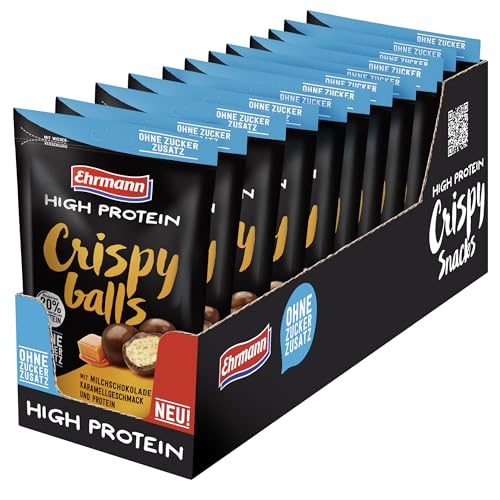 Ehrmann High Protein Crispy Balls ohne Zuckerzusatz, Milchschokolade Typ Karamell - Leckere Getreide-Kugeln mit Fairtrade-Kakao, 12 x 55g