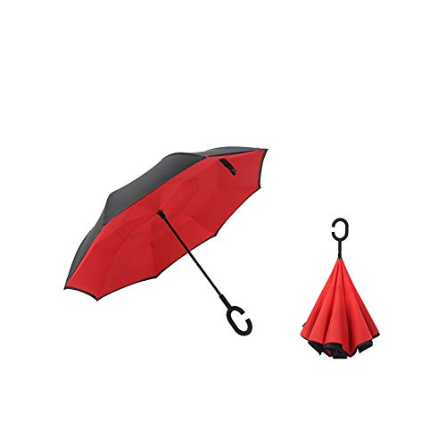 ruirui-home Doppelschichtiger umgekehrter Regenschirm, selbststehend, umgekehrter Regenschutz, Autoschirm mit C-förmigem Griff, umgekehrter Faltschirm, Anti-UV winddichter Reise-Regenschirm, Rot