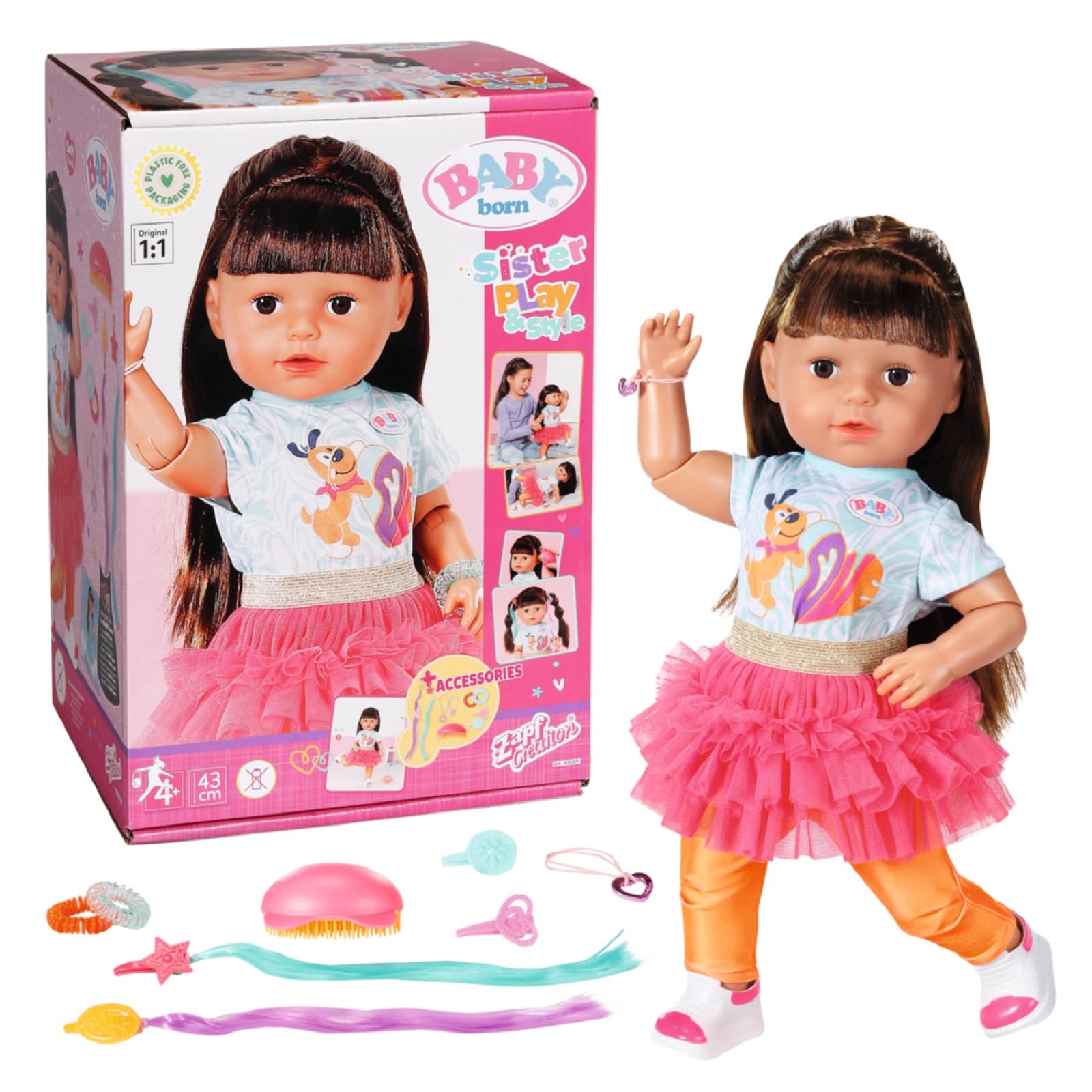 BABY born Sister Play & Style Brunette 43 cm, Puppe mit Haaren und 8 Funktionen für Kinder ab 4 Jahren, funktioniert ohne Batterie, 835371 Zapf Creation