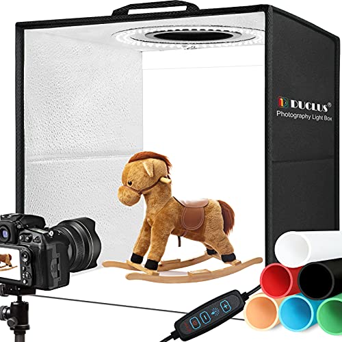 DUCLUS Fotobox zum Fotografieren 30x30 cm Lichtzelt, Tragbare Photobox mit 112 Dimmbare LED Beleuchtung, 6 Hintergründe für Produktfotografie