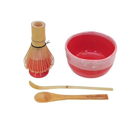 BambooMN Brand - Matcha Bowl Set (Includes Bowl, Rest,Tea Whisk, Chasaku, & Tea Spoon) 1 Set Coral by BambooMN