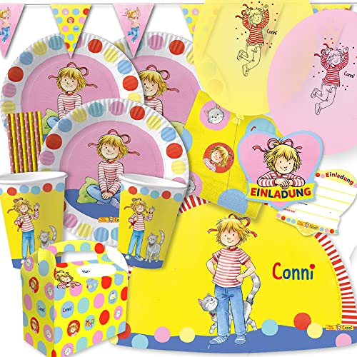 spielum 77-teiliges Party-Set - Conni -Teller Becher Servietten Platzsets Ballons Einladungen Geschenkeboxen Trinkhalme für 8 Kinder