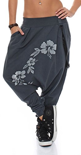 Malito Damen Haremshose mit tiefem Schnitt | Hose mit Flower Print | Baggy zum Tanzen | Sweatpants - Jogginghose 91085 (dunkelgrau)