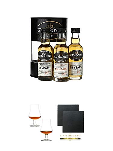 Glengoyne Mini Collection 3 x 5 cl + Stölzle Nosingglas für Whisky 2 Gläser - 1610031 + Schiefer Glasuntersetzer eckig ca. 9,5 cm Ø 2 Stück