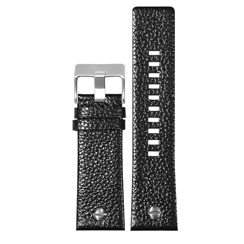 GeRnie Uhrenarmband aus echtem Leder für Herren, genietetes Rindsleder mit großem Zifferblatt, hergestellt für DZ7257 DZ4323 DZ7348 DZ7313 DZ7312 DZ7350, Schwarz/Silber (Black Silver Buckle), 28mm,