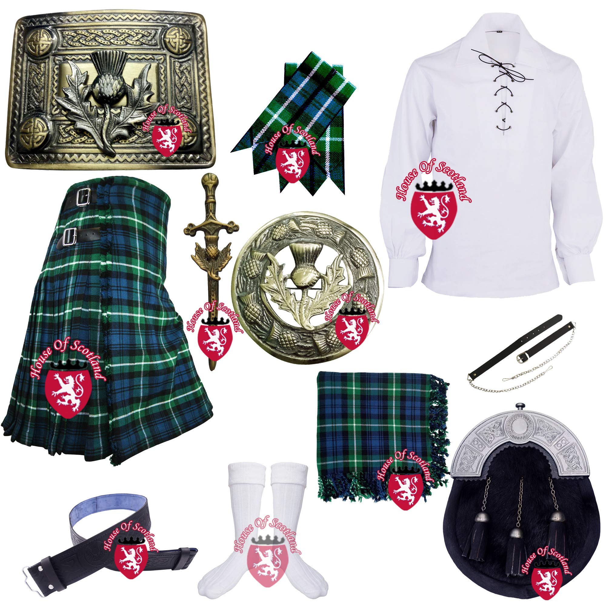 Traditionelles schottisches Kilt-Outfit-Set für Herren von Lamont, 8 Meter, 473 g, 100% Acrylwolle, Distel-Emblem Gr. Medium, Lamont Schottenkaro 34 inche