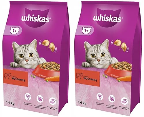 Whiskas Adult 1+ Katzentrockenfutter mit Rind, 2 Beutel, 2x1,4kg – Hochwertiges Trockenfutter für ausgewachsene Katzen ab 1 Jahr- unterschiedliche Produktverpackungen erhältlich