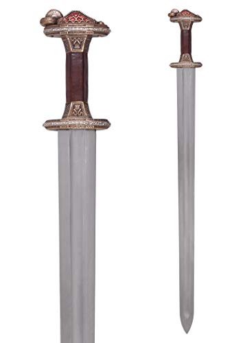 Battle-Merchant Vendelzeit-Schwert mit Scheide | Mittelalter Breitschwert 7. / 8. Jahrhundert | Deko Waffe Ritterschwert | Wikinger Schwert aus Kohlenstoffstahl mit Messingheft