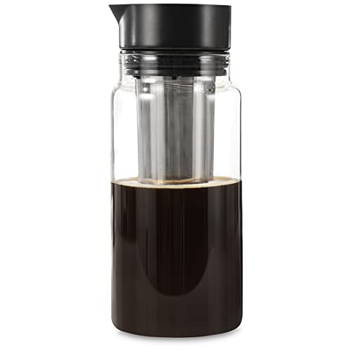 Xavax Cold Brew Kaffeebereiter 1 Liter (Kaffeekanne/Teekanne mit herausnehmbaren Siebeinsatz, Glaskanne für kaltgebrühten Kaffee, Kanne aus Glas 1000 ml) transparent/schwarz