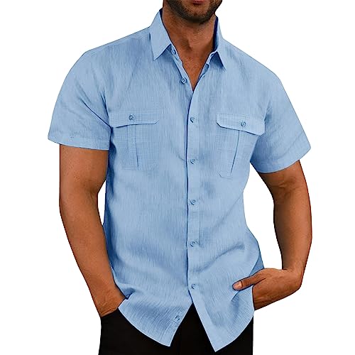 VUIOYRG Stretch-Kurzarmhemd mit Taschen, Sommer-Freizeithemden aus Baumwolle mit Knopfleiste für Herren, Schlichtes, lässiges Business-Hemd mit normaler Passform (Hellblau,5XL)