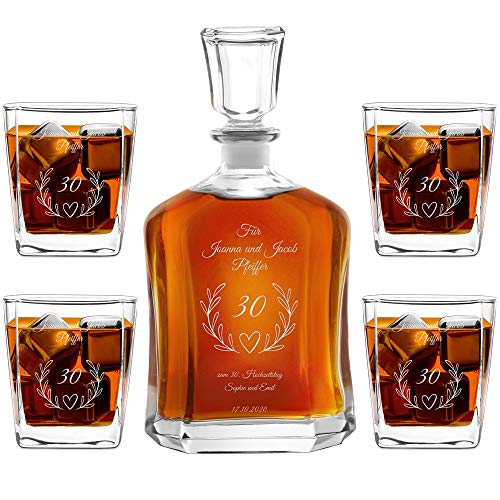 Murrano Whiskey Karaffe + 4er Whiskygläser Set mit Gravur - 700ml Whisky Dekanter - Geschenk zum Hochzeitstag für Paar - Ehepaar
