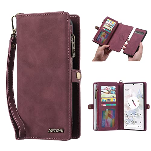 Simicoo Pixel 8 Pro Wallet case, Pixel 8 Pro Flip Leather case Card Slots Holder Zipper Purse Detachable Magnetic Cover Hand Strap Cash Pocket Pouch Wallet for Woman Man (Rot)