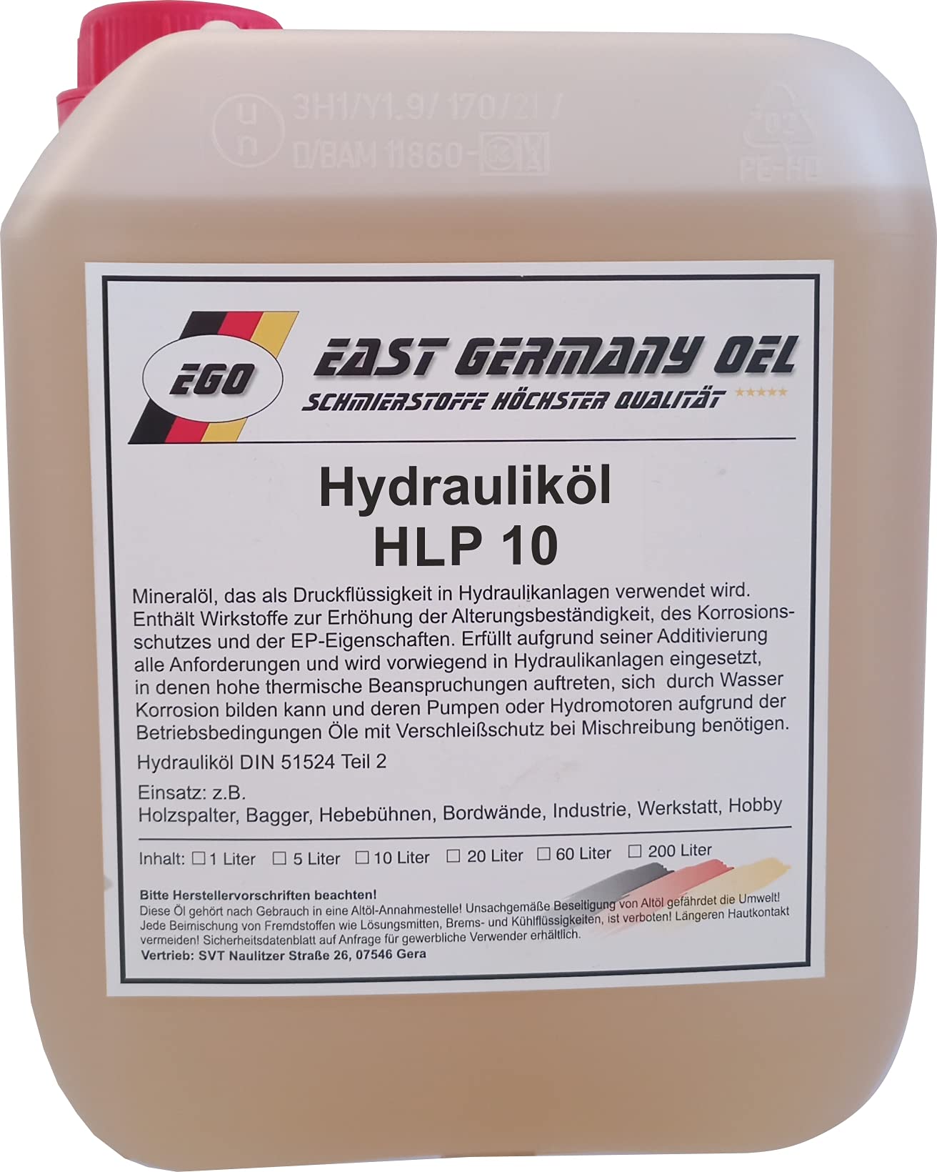 Hydrauliköl HLP 10 (Kanister 5 Liter Inhalt)