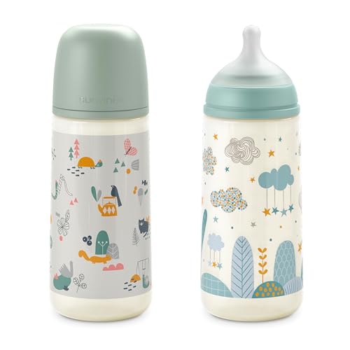 Suavinex, 2er- Pack, Babyflaschen 360 ml mit physiologischem Sauger SX Pro aus Silikon, mit Anti-Colic-Ventil, schnellem Nahrungsfluss (L), für Babys +6 Monate, Dreams Blue