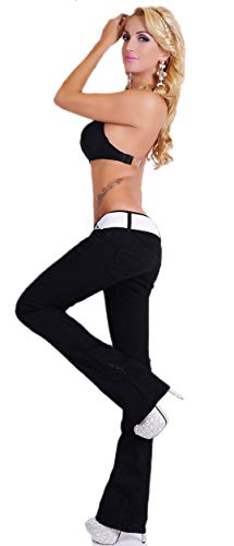 xy Damen Hüft Bootcut Jeans Hose Schlag Schlaghose Denim schwarz Stretch Gürtel R22 (XL)