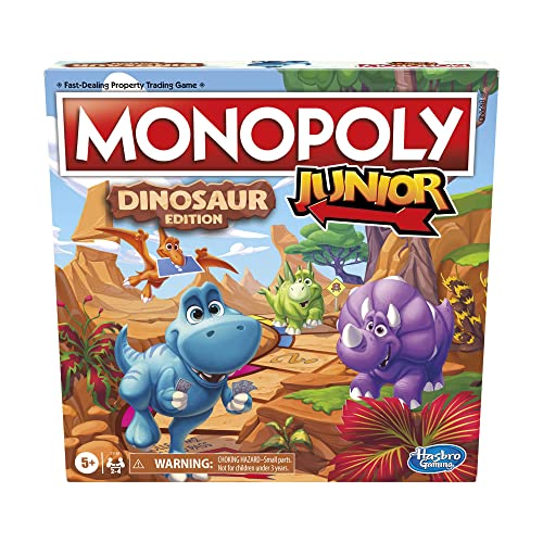 Hasbro Gaming Monopoly Junior Dinosaurier Edition Brettspiel 2-4 Spieler mit Dino-Spielsteinen, Kinder Osterkorb Stuffers, ab 5 Jahren (Amazon Exclusive)