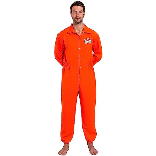 Spooktacular Creations Herren Gefangener Kostüm, Insasse Jailbird Sträfling Orange Overall mit Namensschild (X-Large, Orange)