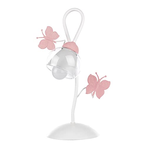 ONLI Tischlampe aus Metall Schmetterlinge bemalt in Rosa. Weißes und transparentes Glas