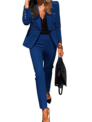 Minetom Damen Zweiteiliger Anzug Set Revers Business Blazer Anzugjacke Hosenanzug Elegant Slim Fit Hose Frauen V-Ausschnitt Freizeitjacke A Blau 36