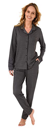 Edler Damen Pyjama, Schlafanzug Langarm zum Knöpfen in Single Jersey - 62089, Farbe:anthrazit-Melange, Größe2:46