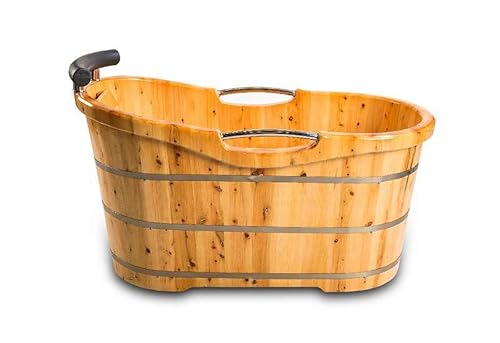 Traditionelle Holzbadewanne 135x67cm aus Zedernholz mit Hygieneversiegelung beschichtet - inkl. Ablauf und pflegeleichter Oberfläche - ergonomische Formgebung - mit 3 feuerverzinkten Bandstahlreifen