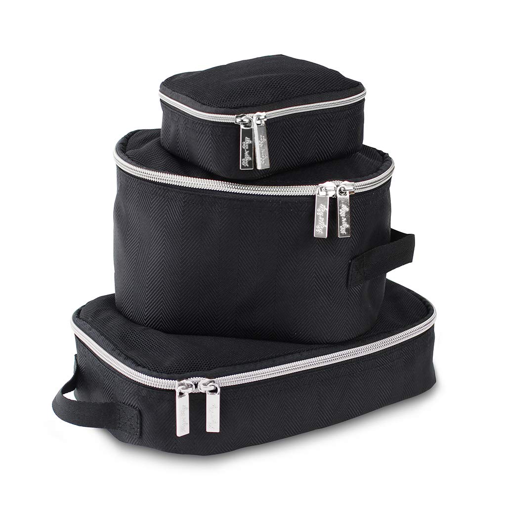 Itzy Ritzy Packwürfel – Set mit 3 Packwürfeln oder Reise-Organizern; jeder Würfel verfügt über eine Netz-Oberseite, doppelte Reißverschlüsse und einen Stoffgriff; schwarz mit silbernen Beschlägen