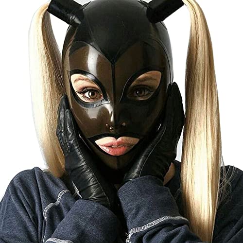 LBYLYH Unisex Transparent Schwarz Gesicht Latex Maske Gummi Fetisch Dance Haube Mit Haare Handgemachte Kostüme,Schwarz,XL