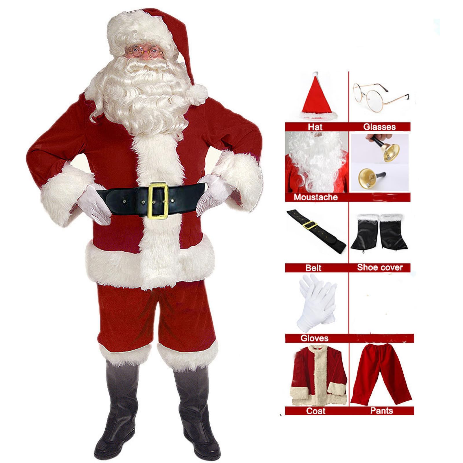 EXQUILEG Weihnachtsmann Kostüm für Herren, Weihnachtsmannkostüm mit Mütze Bart Gürtel und Handschuhe - Weihnachtskostüm Nikolauskostüm Weihnachtskostüme Kostüme (9-Teiliges,XL)