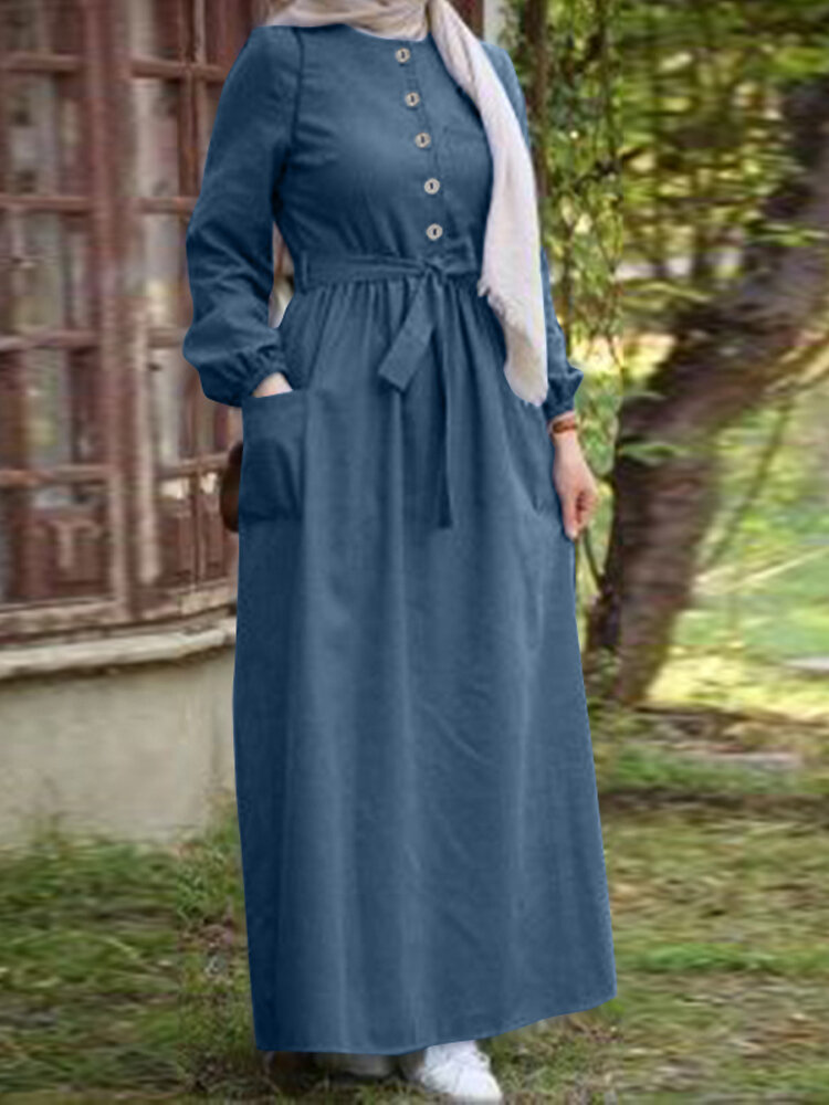 Damen Plain Button Schnürung Elastic Manschette Vintage Langarm Maxi Kleid Mit Tasche