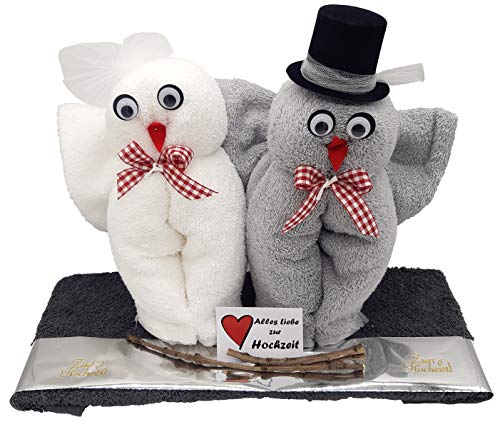 Frotteebox Geschenk Set Eulenpaar aus 2X Handtuch (100x50cm) 1x Gästetuch (50x30cm) und 2X Waschhandschuh grau/weiß geformt