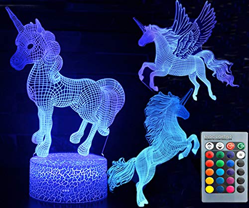 Muster Einhorn 3D Nachtlicht Drei Muster und 7 Farben ändern sich mit den Fernbedienungen Dekorative Lichter Illusion für Jungen und Mädchen Geschenke