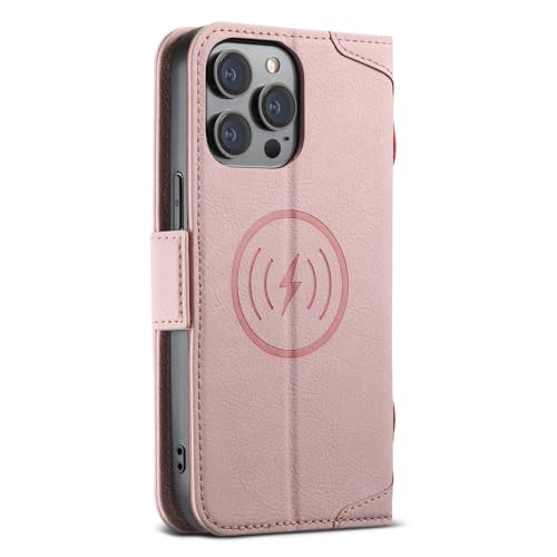 ENILSA Kartentasche Magnetische Leder-Handyhülle für iPhone 12 13 14 Pro Max 14 Plus Wireless Charging Wallet Holder Cover, Pink, für iPhone 14 ProMax