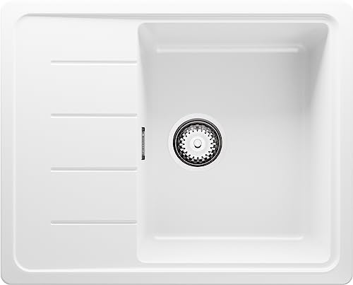 Spülbecken Weiß 62 x 50 cm, Granitspüle + Siphon Klassisch, Küchenspüle ab 45er Unterschrank in 5 Farben mit Siphon und Antibakterielle Varianten, Einbauspüle von Primagran