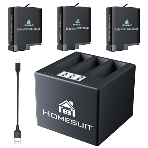 Homesuit Hero 7 Akku (3 Pack) und 3 Kanal LCD USB Ladegerät für Hero 7 Black, Hero 5, Hero 6 Black, Hero 2018 mit Typ-C USB Kabel