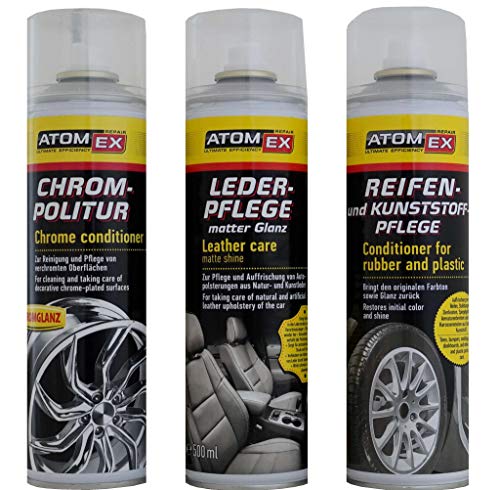 XADO Auto Pflege Set: Leder Pflege + Reifen und Kunststoff Pflege + Chrom Politur - ATOMEX Pflege Reinigung Set