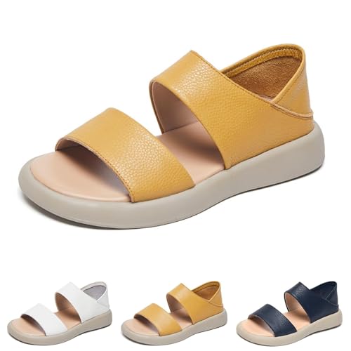 LaoSShu Sommersandalen for Damen, neue stilvolle Sandalen aus echtem Leder mit dicker Sohle, bequeme orthopädische Hausschuhe for Gehen (Color : Yellow, Size : 35)