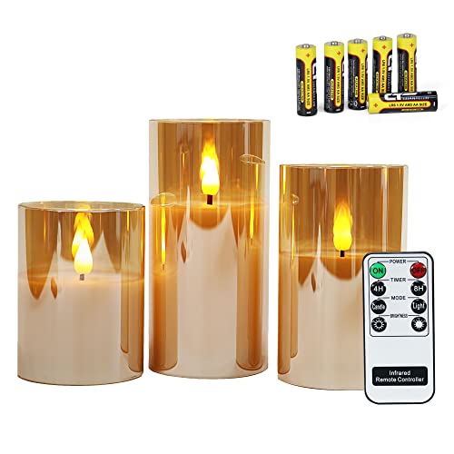 Rhytsing Gold flammenlose Kerzen im Glas, 3 Glaswindlichter mit Fernbedienung und Timerfunktion, warmweiße Licht mit Batterien enthalten