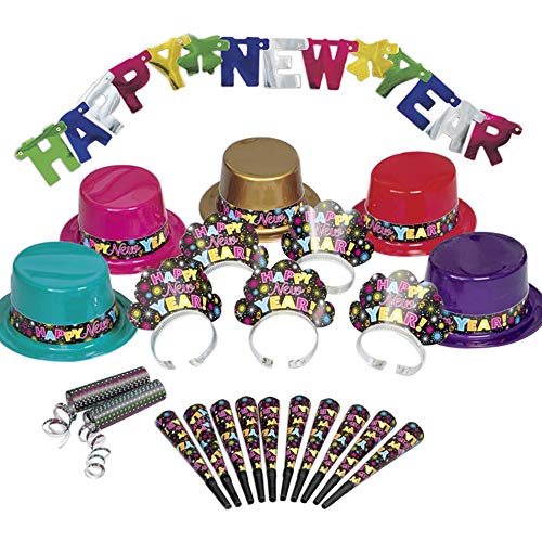 Silvester Partybox Happy New Year für 10 Personen - 22 Teile - Partyhüte, Tiaras, Tröten, Banner & mehr