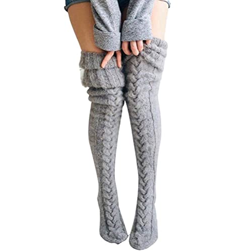 Fencelly Winter-Strick-Overknee-Strümpfe, Damen und Mädchen, Oberschenkelhoch, Overknee-Strümpfe, geflochtene Strick, lange Socken den täglichen Gebrauch