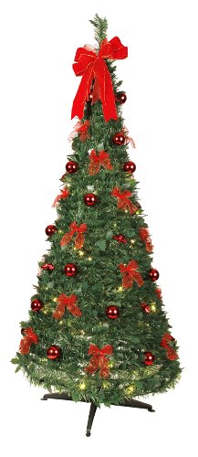 Künstlicher Weihnachtsbaum Pop-Up-Tree von Star Trading, Tannenbaum mit Christbaumschmuck, LED Lichterkette und Ständer in Grün und Rot, warmweiß, schnelle Montage, Höhe: 1,85 m, IP44