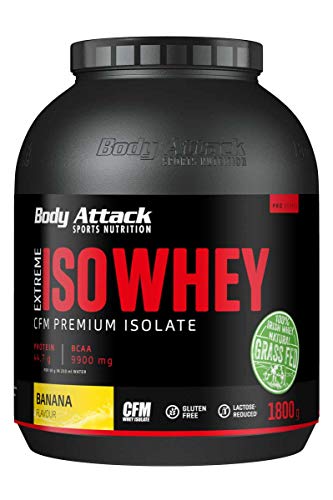 Body Attack Extreme Iso Whey, Banana, 2 x 1,8 kg, CFM Whey Protein Isolat aus 100% irischer Weidemilch, glutenfrei, reich an EAAs, perfekt löslich, fettarm, ohne Aspartam, 90,6% Isolat-Anteil