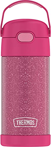 THERMOS FUNTAINER 12 Ounce Stainless Steel Vacuum Insulated Kids Straw Bottle, Glitter Pink